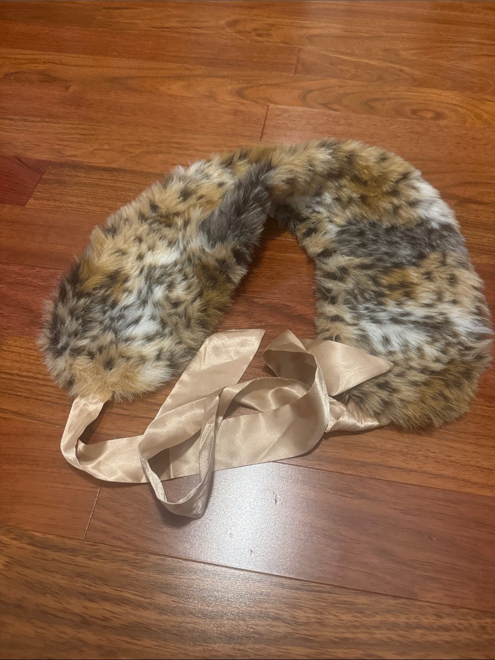Faux Fur Collar Scarf in Brown Multi with Satin Ties